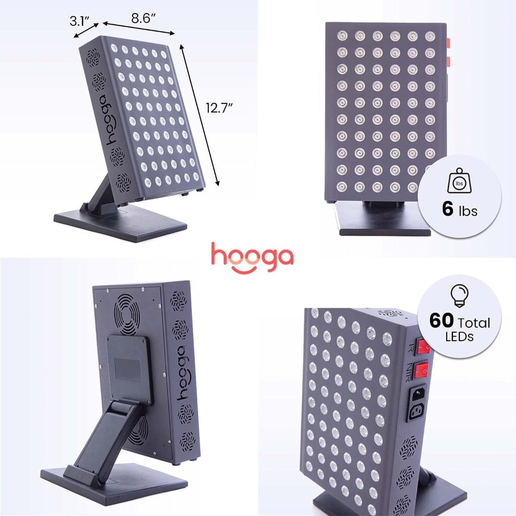 Hooga Red Light Therapy 660nm 850nm Red Near Infrared, Dual Chip Flicker Free LEDs, PRO Series, Adjustable Stand, 60 LEDs, Clinical Grade for Energy, Pain, Skin, Recovery, Performance. HGPRO300.